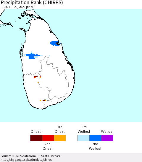 Sri Lanka Precipitation Rank (CHIRPS) Thematic Map For 6/11/2020 - 6/20/2020