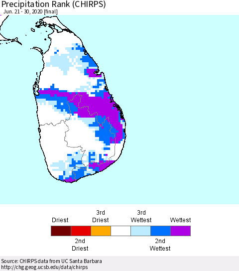 Sri Lanka Precipitation Rank (CHIRPS) Thematic Map For 6/21/2020 - 6/30/2020