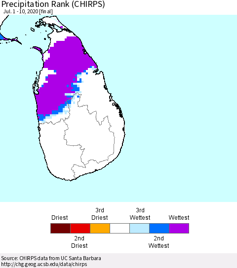 Sri Lanka Precipitation Rank (CHIRPS) Thematic Map For 7/1/2020 - 7/10/2020