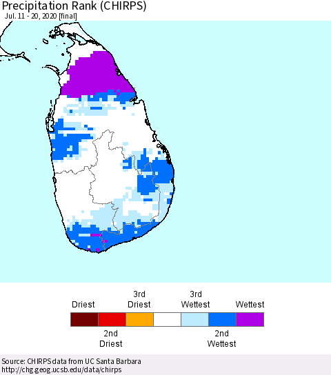 Sri Lanka Precipitation Rank (CHIRPS) Thematic Map For 7/11/2020 - 7/20/2020