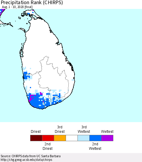 Sri Lanka Precipitation Rank (CHIRPS) Thematic Map For 8/1/2020 - 8/10/2020
