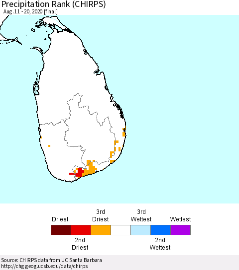 Sri Lanka Precipitation Rank (CHIRPS) Thematic Map For 8/11/2020 - 8/20/2020