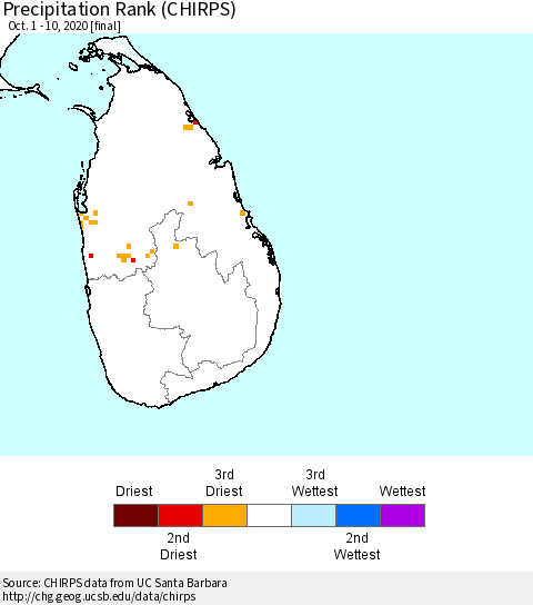 Sri Lanka Precipitation Rank since 1981 (CHIRPS) Thematic Map For 10/1/2020 - 10/10/2020