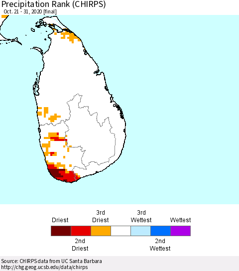 Sri Lanka Precipitation Rank (CHIRPS) Thematic Map For 10/21/2020 - 10/31/2020