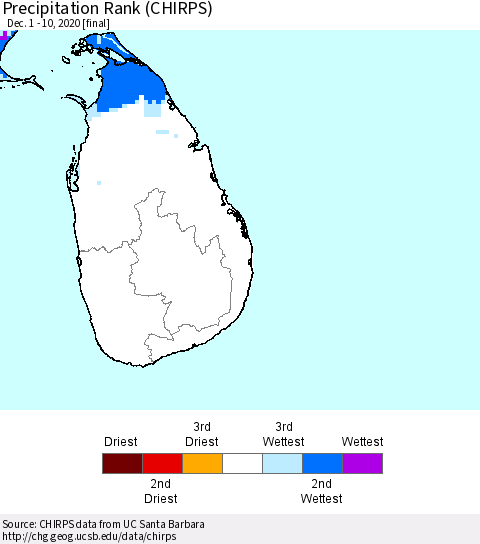 Sri Lanka Precipitation Rank (CHIRPS) Thematic Map For 12/1/2020 - 12/10/2020