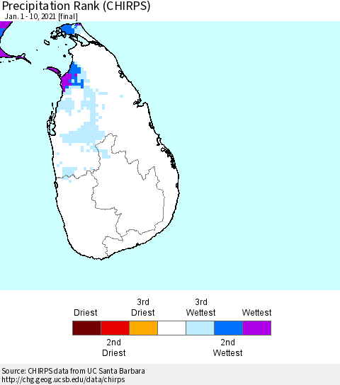 Sri Lanka Precipitation Rank since 1981 (CHIRPS) Thematic Map For 1/1/2021 - 1/10/2021