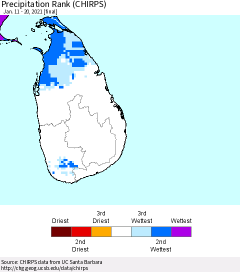 Sri Lanka Precipitation Rank (CHIRPS) Thematic Map For 1/11/2021 - 1/20/2021