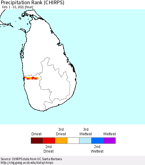 Sri Lanka Precipitation Rank (CHIRPS) Thematic Map For 2/1/2021 - 2/10/2021