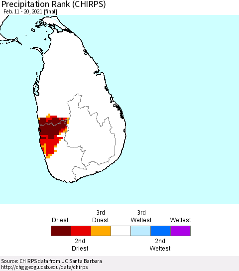 Sri Lanka Precipitation Rank since 1981 (CHIRPS) Thematic Map For 2/11/2021 - 2/20/2021