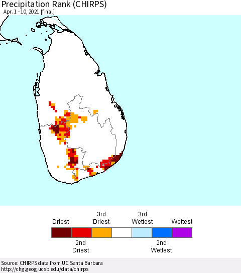 Sri Lanka Precipitation Rank since 1981 (CHIRPS) Thematic Map For 4/1/2021 - 4/10/2021