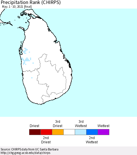 Sri Lanka Precipitation Rank (CHIRPS) Thematic Map For 5/1/2021 - 5/10/2021
