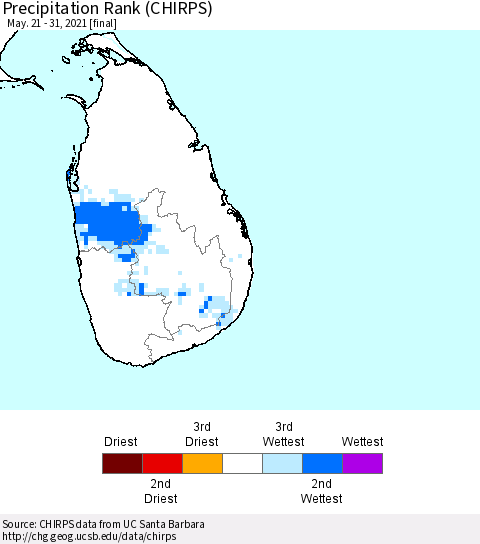 Sri Lanka Precipitation Rank since 1981 (CHIRPS) Thematic Map For 5/21/2021 - 5/31/2021