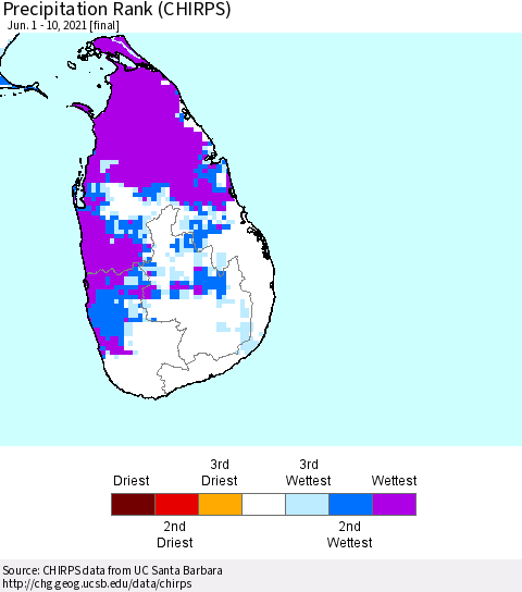 Sri Lanka Precipitation Rank since 1981 (CHIRPS) Thematic Map For 6/1/2021 - 6/10/2021