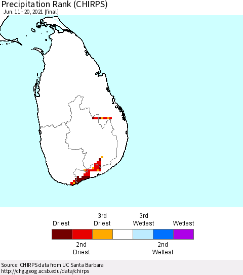 Sri Lanka Precipitation Rank since 1981 (CHIRPS) Thematic Map For 6/11/2021 - 6/20/2021