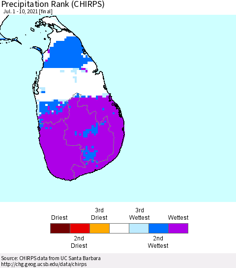 Sri Lanka Precipitation Rank since 1981 (CHIRPS) Thematic Map For 7/1/2021 - 7/10/2021