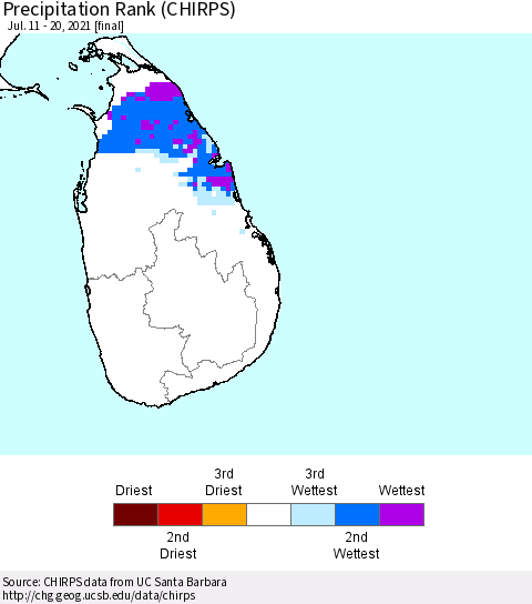 Sri Lanka Precipitation Rank (CHIRPS) Thematic Map For 7/11/2021 - 7/20/2021