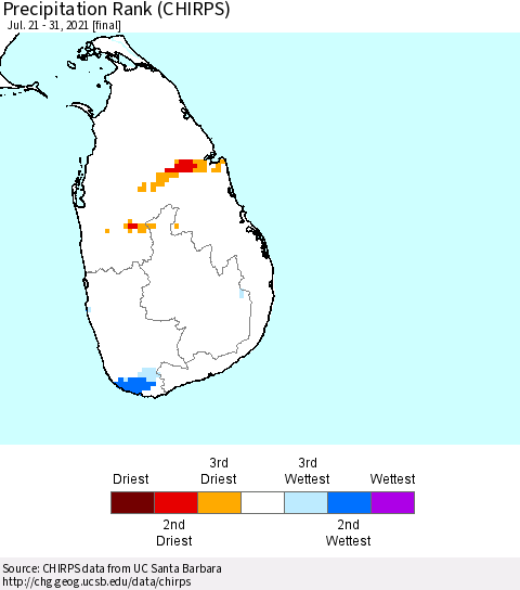 Sri Lanka Precipitation Rank (CHIRPS) Thematic Map For 7/21/2021 - 7/31/2021