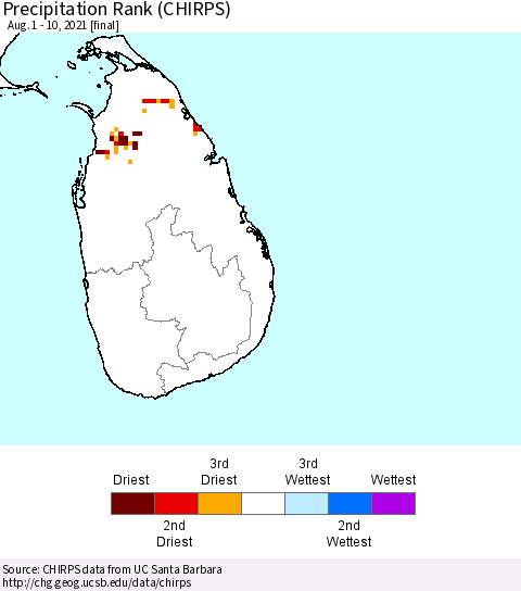 Sri Lanka Precipitation Rank since 1981 (CHIRPS) Thematic Map For 8/1/2021 - 8/10/2021