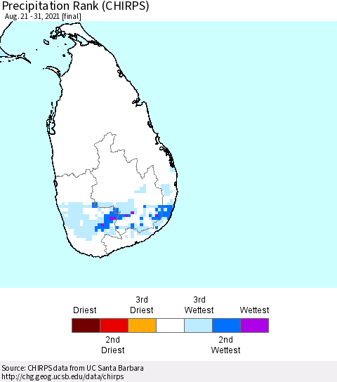 Sri Lanka Precipitation Rank (CHIRPS) Thematic Map For 8/21/2021 - 8/31/2021