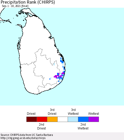 Sri Lanka Precipitation Rank (CHIRPS) Thematic Map For 9/1/2021 - 9/10/2021