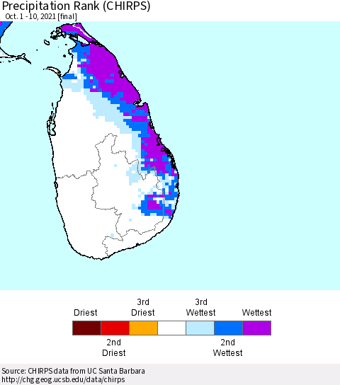 Sri Lanka Precipitation Rank (CHIRPS) Thematic Map For 10/1/2021 - 10/10/2021