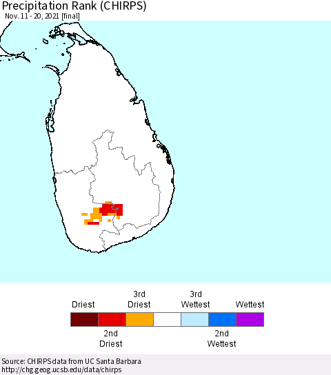 Sri Lanka Precipitation Rank since 1981 (CHIRPS) Thematic Map For 11/11/2021 - 11/20/2021