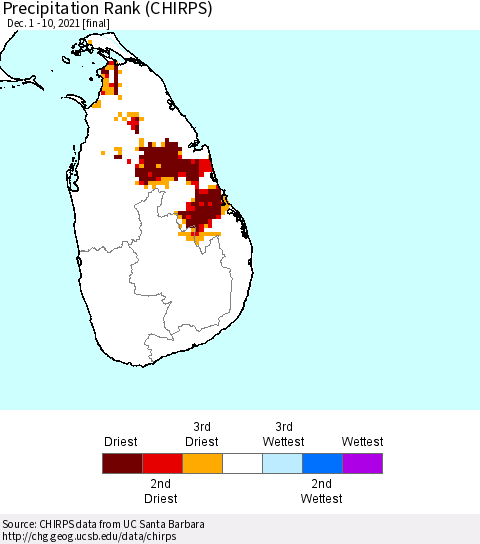 Sri Lanka Precipitation Rank (CHIRPS) Thematic Map For 12/1/2021 - 12/10/2021