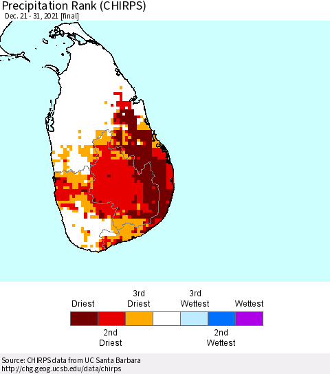 Sri Lanka Precipitation Rank since 1981 (CHIRPS) Thematic Map For 12/21/2021 - 12/31/2021