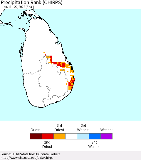 Sri Lanka Precipitation Rank since 1981 (CHIRPS) Thematic Map For 1/11/2022 - 1/20/2022