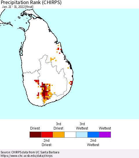 Sri Lanka Precipitation Rank (CHIRPS) Thematic Map For 1/21/2022 - 1/31/2022