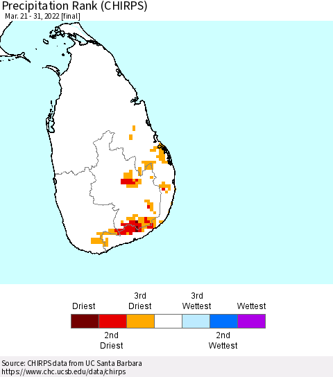 Sri Lanka Precipitation Rank since 1981 (CHIRPS) Thematic Map For 3/21/2022 - 3/31/2022