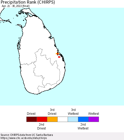 Sri Lanka Precipitation Rank since 1981 (CHIRPS) Thematic Map For 4/21/2022 - 4/30/2022