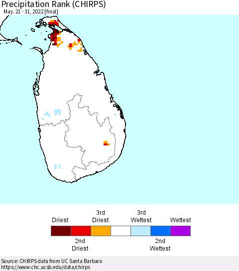 Sri Lanka Precipitation Rank since 1981 (CHIRPS) Thematic Map For 5/21/2022 - 5/31/2022