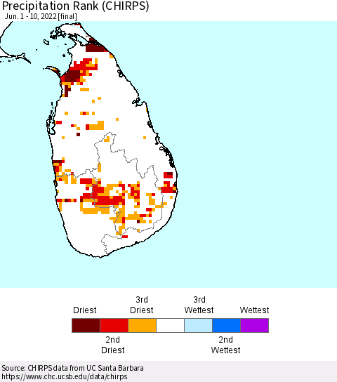 Sri Lanka Precipitation Rank since 1981 (CHIRPS) Thematic Map For 6/1/2022 - 6/10/2022