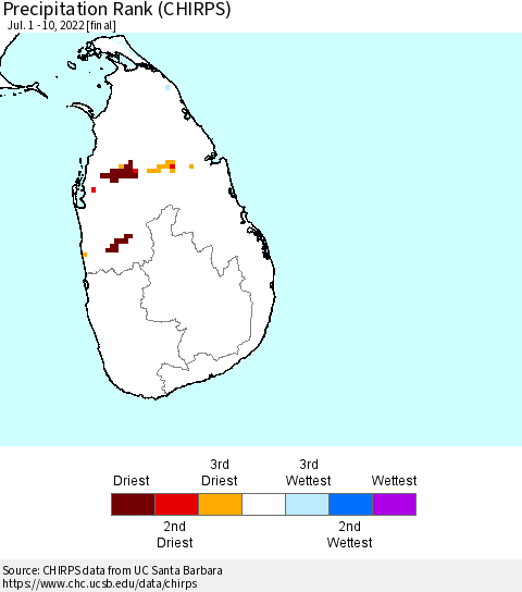 Sri Lanka Precipitation Rank (CHIRPS) Thematic Map For 7/1/2022 - 7/10/2022