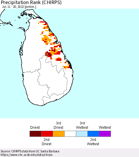 Sri Lanka Precipitation Rank (CHIRPS) Thematic Map For 7/11/2022 - 7/20/2022