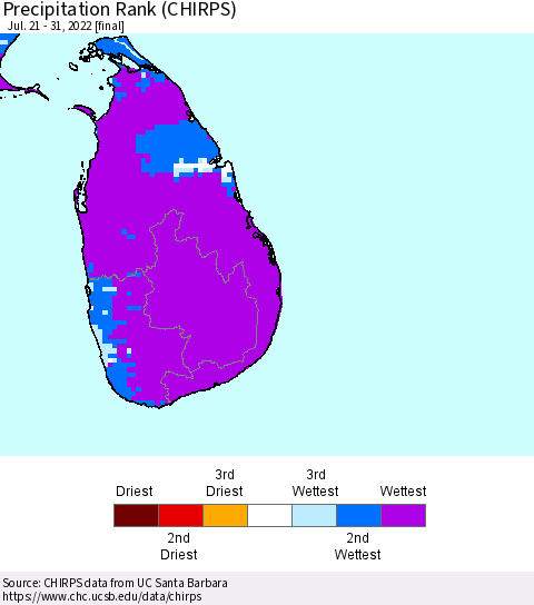 Sri Lanka Precipitation Rank since 1981 (CHIRPS) Thematic Map For 7/21/2022 - 7/31/2022