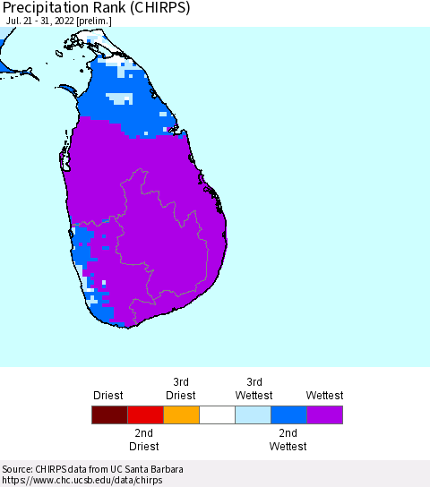 Sri Lanka Precipitation Rank (CHIRPS) Thematic Map For 7/21/2022 - 7/31/2022