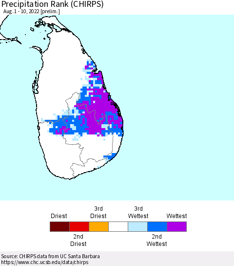 Sri Lanka Precipitation Rank (CHIRPS) Thematic Map For 8/1/2022 - 8/10/2022
