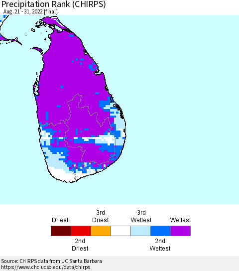 Sri Lanka Precipitation Rank (CHIRPS) Thematic Map For 8/21/2022 - 8/31/2022