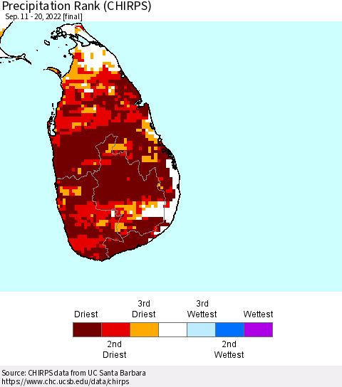 Sri Lanka Precipitation Rank since 1981 (CHIRPS) Thematic Map For 9/11/2022 - 9/20/2022