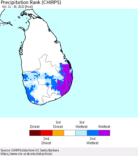 Sri Lanka Precipitation Rank (CHIRPS) Thematic Map For 10/11/2022 - 10/20/2022