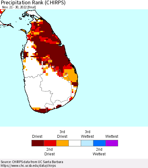 Sri Lanka Precipitation Rank since 1981 (CHIRPS) Thematic Map For 11/21/2022 - 11/30/2022