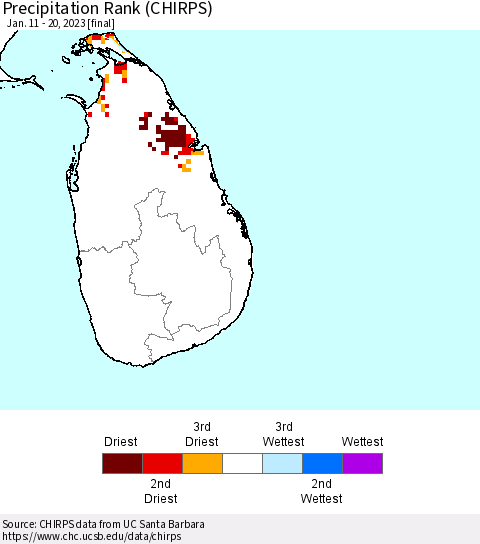 Sri Lanka Precipitation Rank (CHIRPS) Thematic Map For 1/11/2023 - 1/20/2023