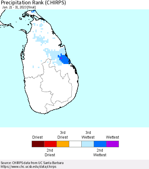 Sri Lanka Precipitation Rank since 1981 (CHIRPS) Thematic Map For 1/21/2023 - 1/31/2023