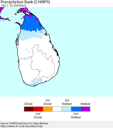 Sri Lanka Precipitation Rank (CHIRPS) Thematic Map For 2/1/2023 - 2/10/2023