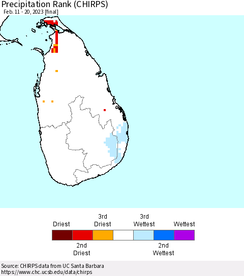 Sri Lanka Precipitation Rank (CHIRPS) Thematic Map For 2/11/2023 - 2/20/2023
