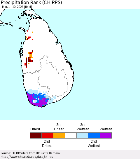 Sri Lanka Precipitation Rank since 1981 (CHIRPS) Thematic Map For 3/1/2023 - 3/10/2023