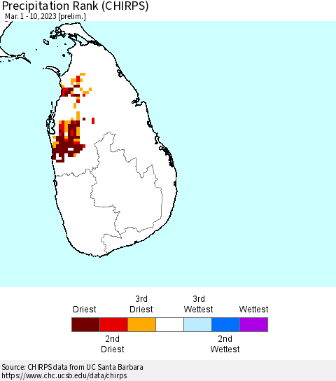 Sri Lanka Precipitation Rank (CHIRPS) Thematic Map For 3/1/2023 - 3/10/2023