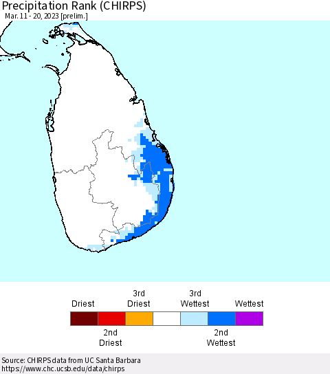 Sri Lanka Precipitation Rank (CHIRPS) Thematic Map For 3/11/2023 - 3/20/2023